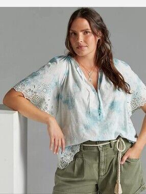 Anthropologie Blue Skies Blue & White Peasant Blouse